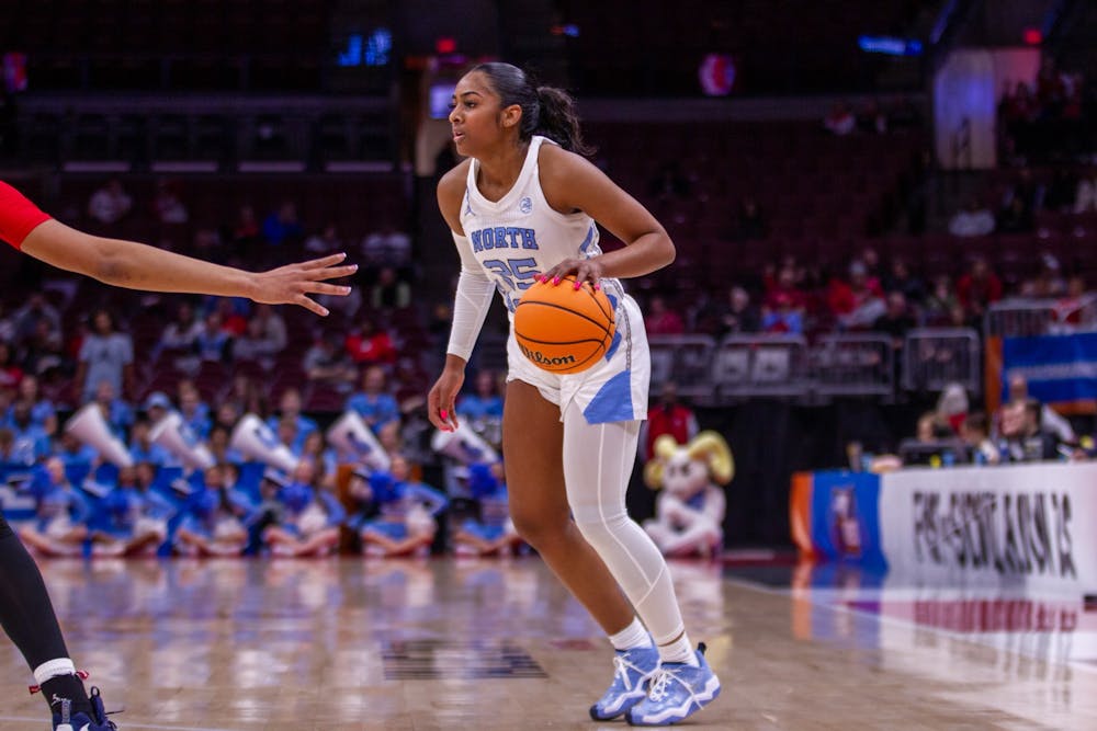 UNC junior guard Deja Kelly (25) dribbling the ball during UNC’s NCAA Tournament first-round game against the St. John’s Red Storm in the Schottenstein Center in Columbus, Ohio on Saturday, March 18, 2023.