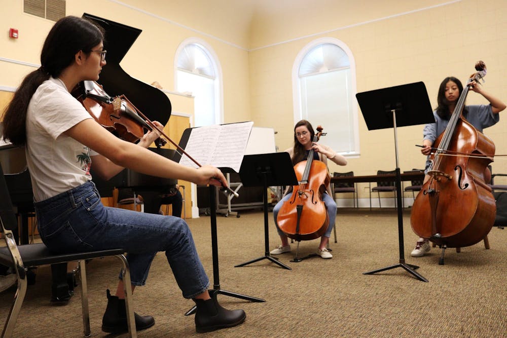 <p>UNC Chamber Players, Natalie Druffner (first-year), Olivia Fults (sophomore) and Cindy Xu (sophomore), played for students sitting-in on their rehearsal during Arts Everywhere Day on April 14, 2023.</p>