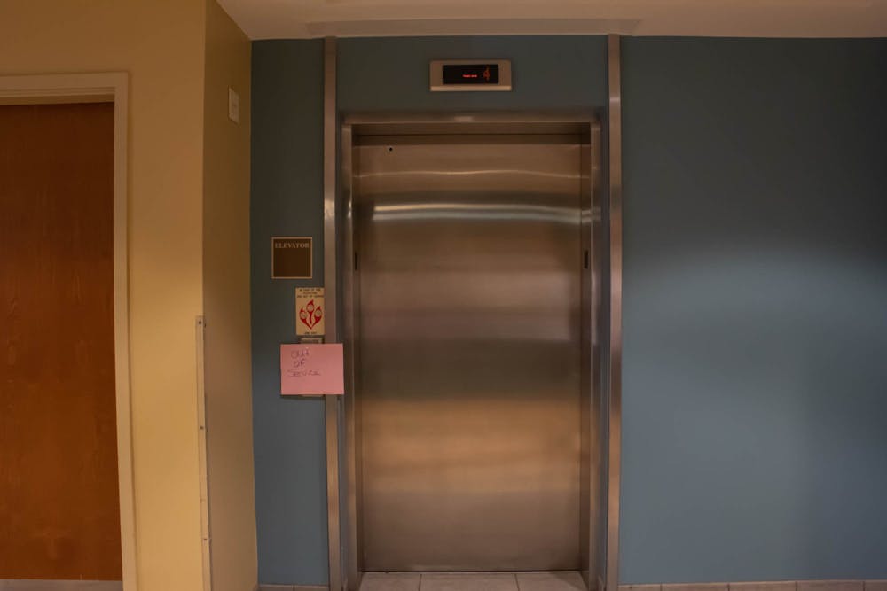 A broken elevator in Taylor Hall is pictured on Monday, Jan. 30, 2023.