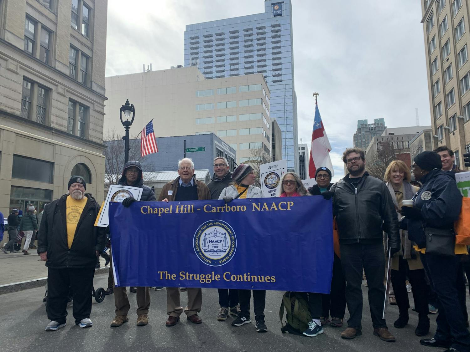 Local leaders, including Damon Seils, a member of the Carrboro Town Council, and Chapel Hill-Carrboro NAACP President Anna Richards, joined U.S. Rep. David Price, D-District 4, at the 2020 HKonJ march.