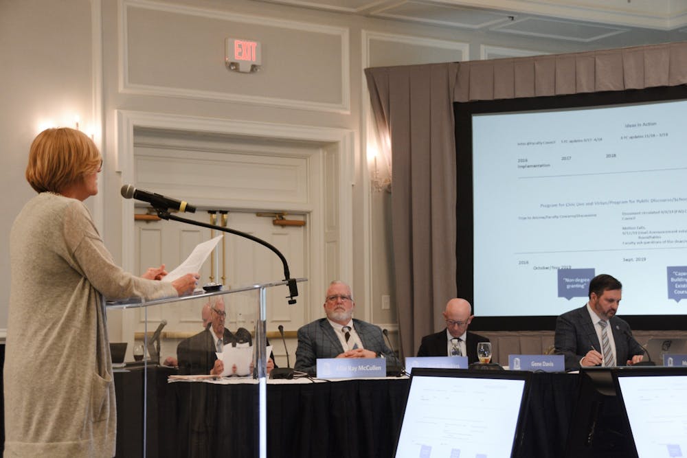 <p>Mimi Chapman, chairperson of the UNC faculty, speaks in front of members of the UNC Board of Trustees on Wednesday, March 22, 2023. She emphasized the concerns of faculty regarding the development of the School of Civic Life and Leadership.</p>