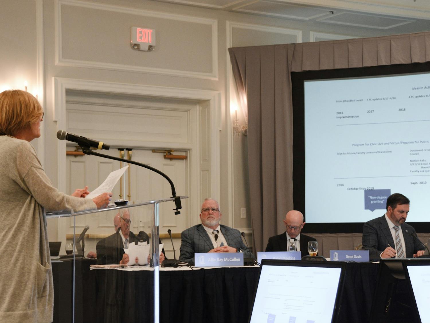 Mimi Chapman, chairperson of the UNC faculty, speaks in front of members of the UNC Board of Trustees on Wednesday, March 22, 2023. She emphasized the concerns of faculty regarding the development of the School of Civic Life and Leadership.