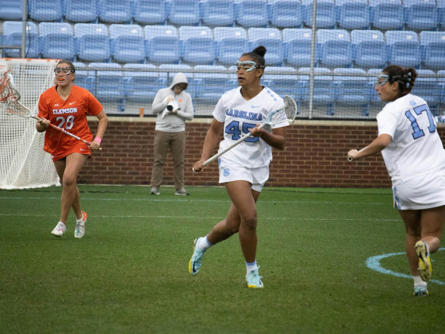 UNC sophomore defender Brooklyn Walker-Welch (45) runs across the field during the women’s lacrosse game against Clemson at Dorrance Field on Sunday, March 26, 2023.