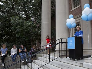 Susan King, the Dean of the School of Media and Journalism, spoke first at the First Amendment Day opening ceremony.