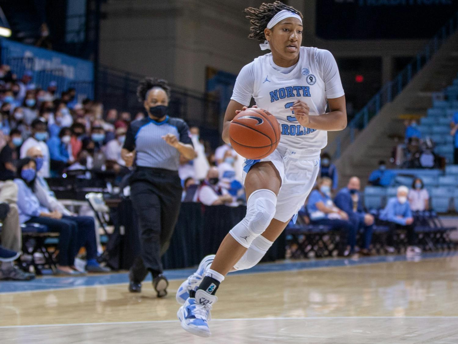 Sophomore guard Kennedy Todd-Williams (3) prepares to shoot at the game against NC A&T on Nov. 9 at Carmichael Arena. UNC won 92-47.