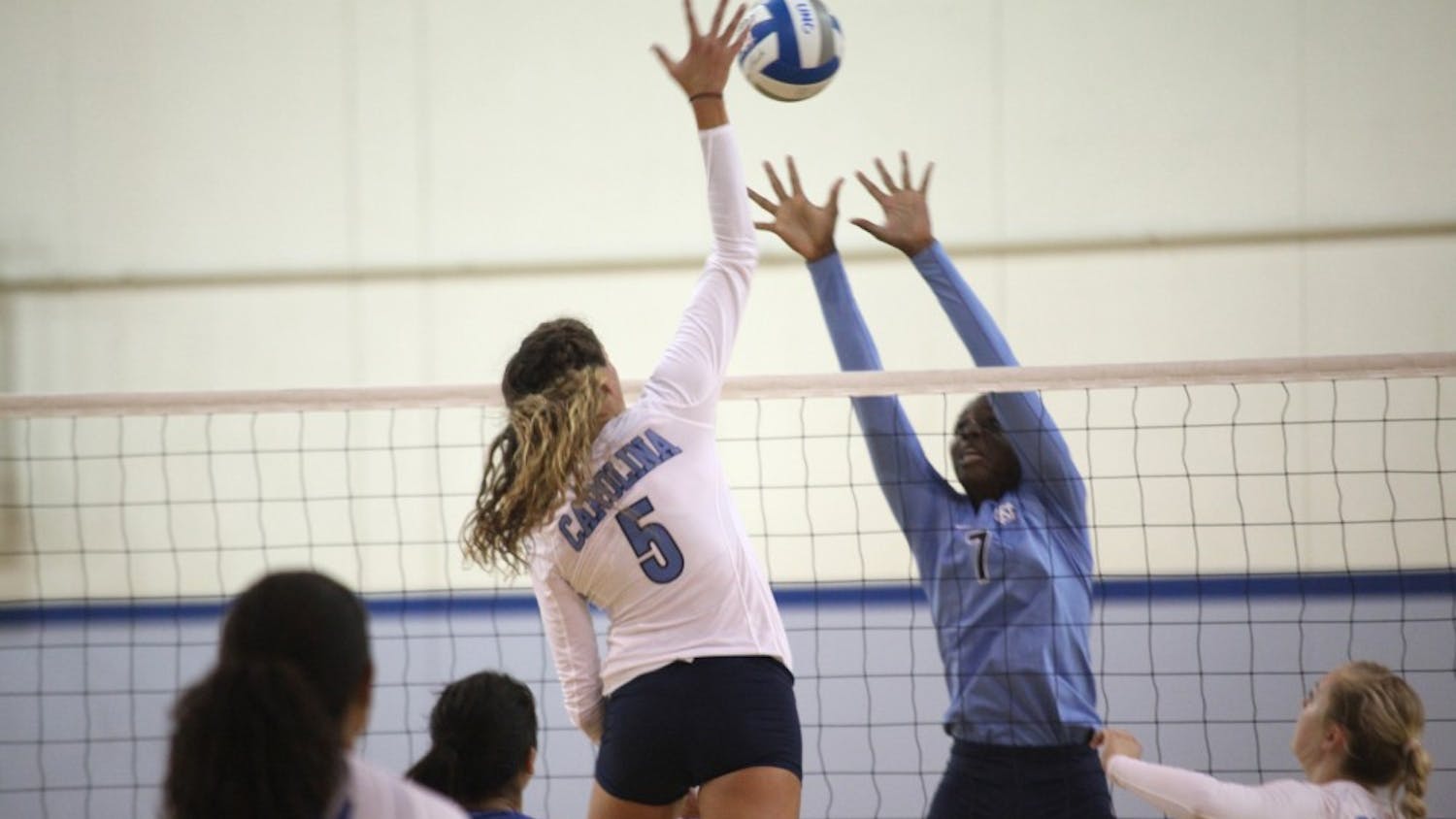 	Sophomore middle blocker Paige Neuenfeldt (5) led the Tar Heels with a 135 blocks during the 2012 season.