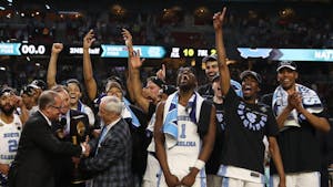The North Carolina men's basketball team celebrates after defeating Gonzaga 71-65 in the NCAA men's basketball Championship Monday night in Phoenix.
