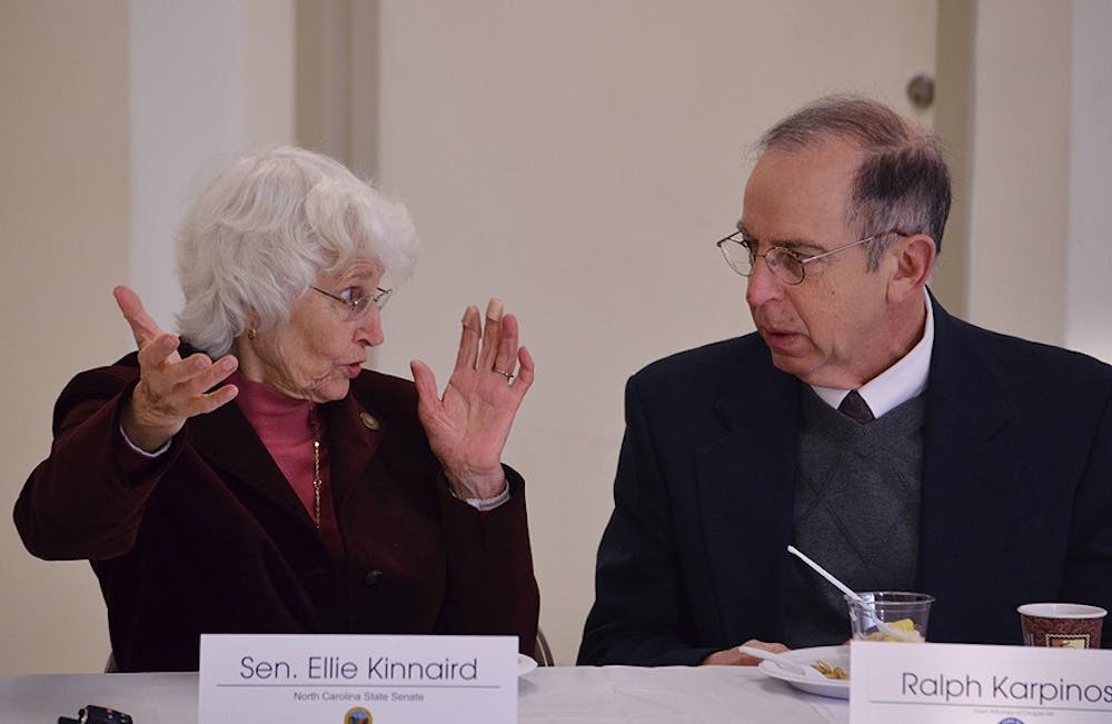 SEn. Ellie Kinnaird and Ralph Karpinos speak during the meeting.

Chapel Hill and Carrboro officials had breakfast with the local General Assembly members Tuesday morning.Chapel Hill and Carrboro town council members had breakfast with the local General Assembly members Tuesday morning.