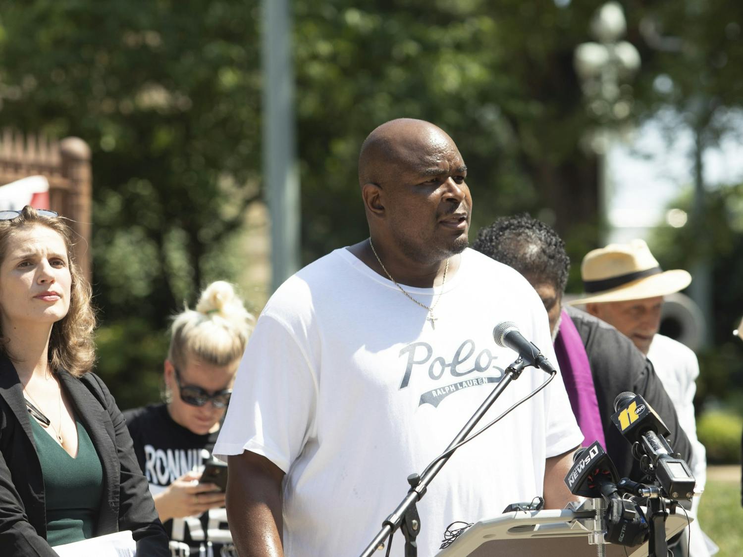 Dontae Sharpe speaks at a rally organized by various social justice groups urging a full pardon after his 2019 exoneration on July 9, 2021, at the North Carolina State Capitol building. Photo courtesy of Angelica Edwards/News & Observer.