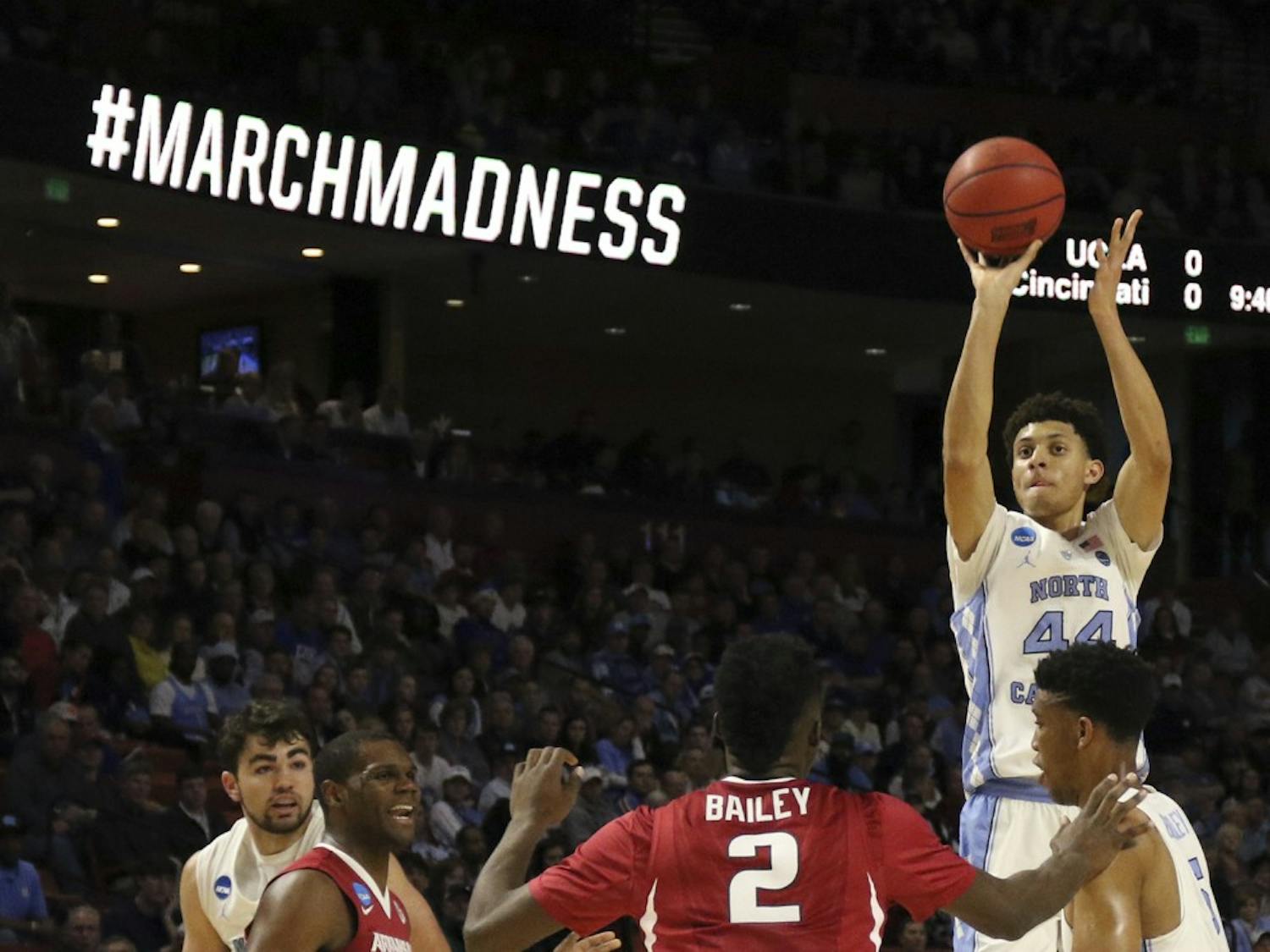 North Carolina wing Justin Jackson (44) pulls up for a three-pointer against Arkansas in the second round of the NCAA Tournament in Greenville on Sunday.