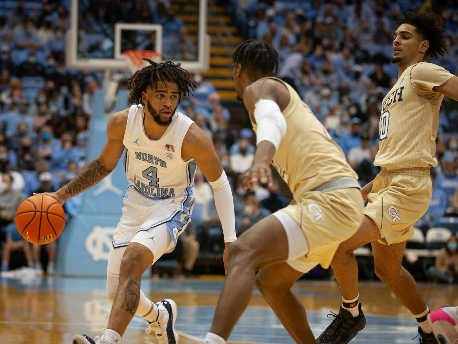 Sophomore RJ Davis (4) dribbles the ball at the game against Georgia Tech at the Dean Smith Center in Chapel Hill on Saturday, Jan. 15, 2022. UNC won 88-65.