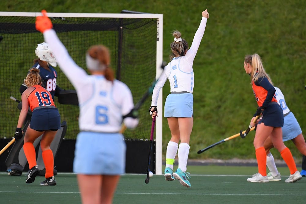 <p>UNC senior forward Erin Matson (1) celebrates one of her goals during the Tar Heels' Nov. 5 victory over Syracuse. Photo courtesy of the ACC/UNC Athletic Communications.&nbsp;</p>
