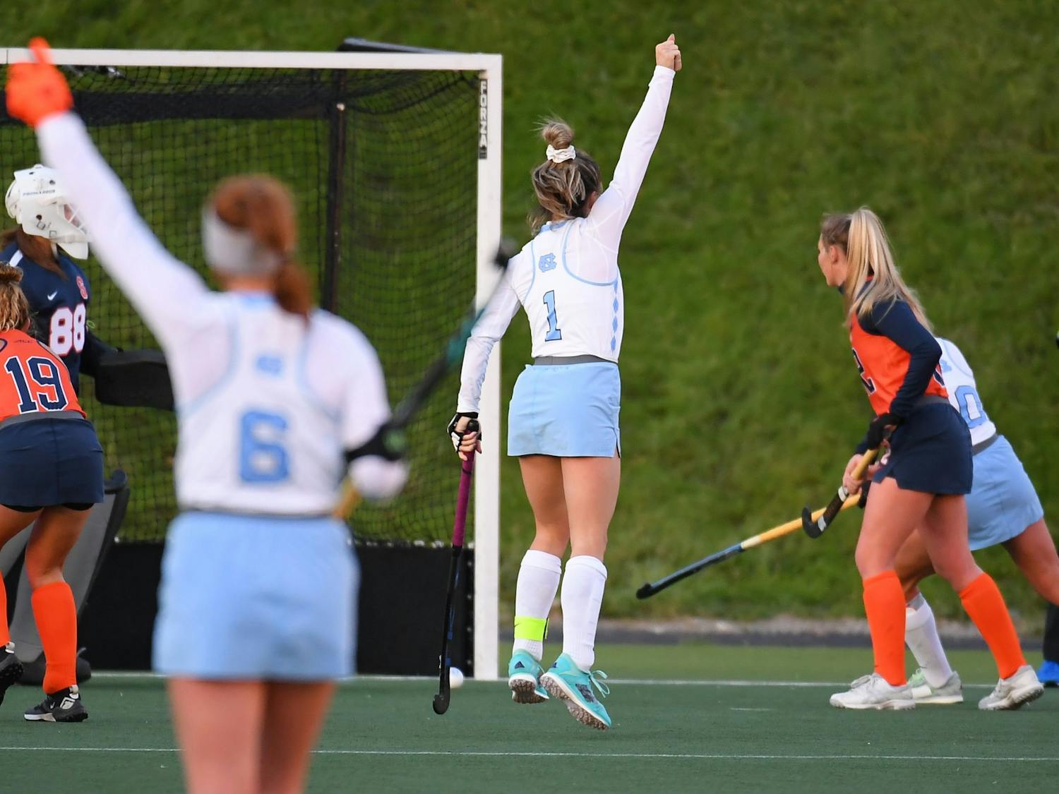 UNC senior forward Erin Matson (1) celebrates one of her goals during the Tar Heels' Nov. 5 victory over Syracuse. Photo courtesy of the ACC/UNC Athletic Communications.&nbsp;