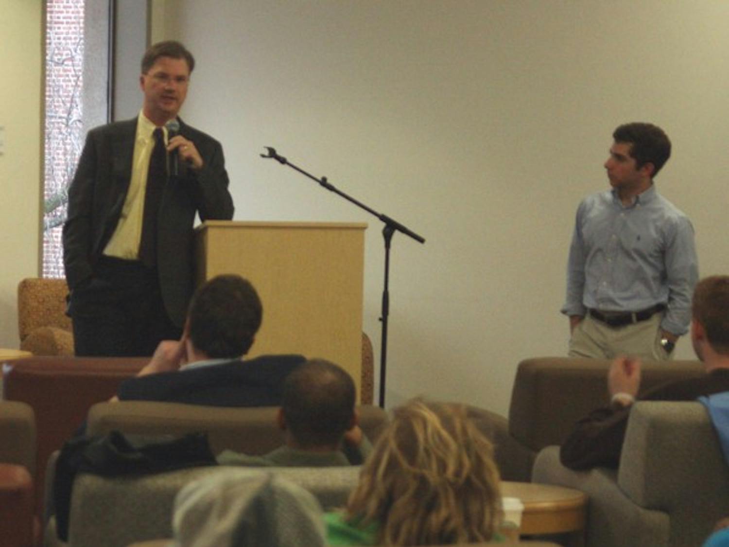 Chancellor Holden Thorp answers students’ questions during the open house in the Student Union. DTH/Duncan Culbreth