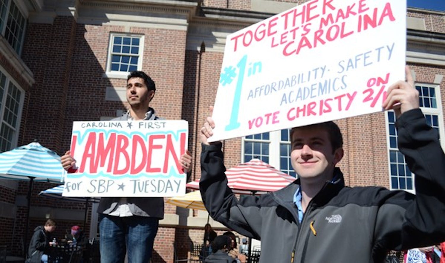 Students campaigning for  Will Lindsey and Christy Lambden in the pit . Jimmy Decker, right, who was Lambden's roommate for two years, is excited to support his friend in his campaign. 