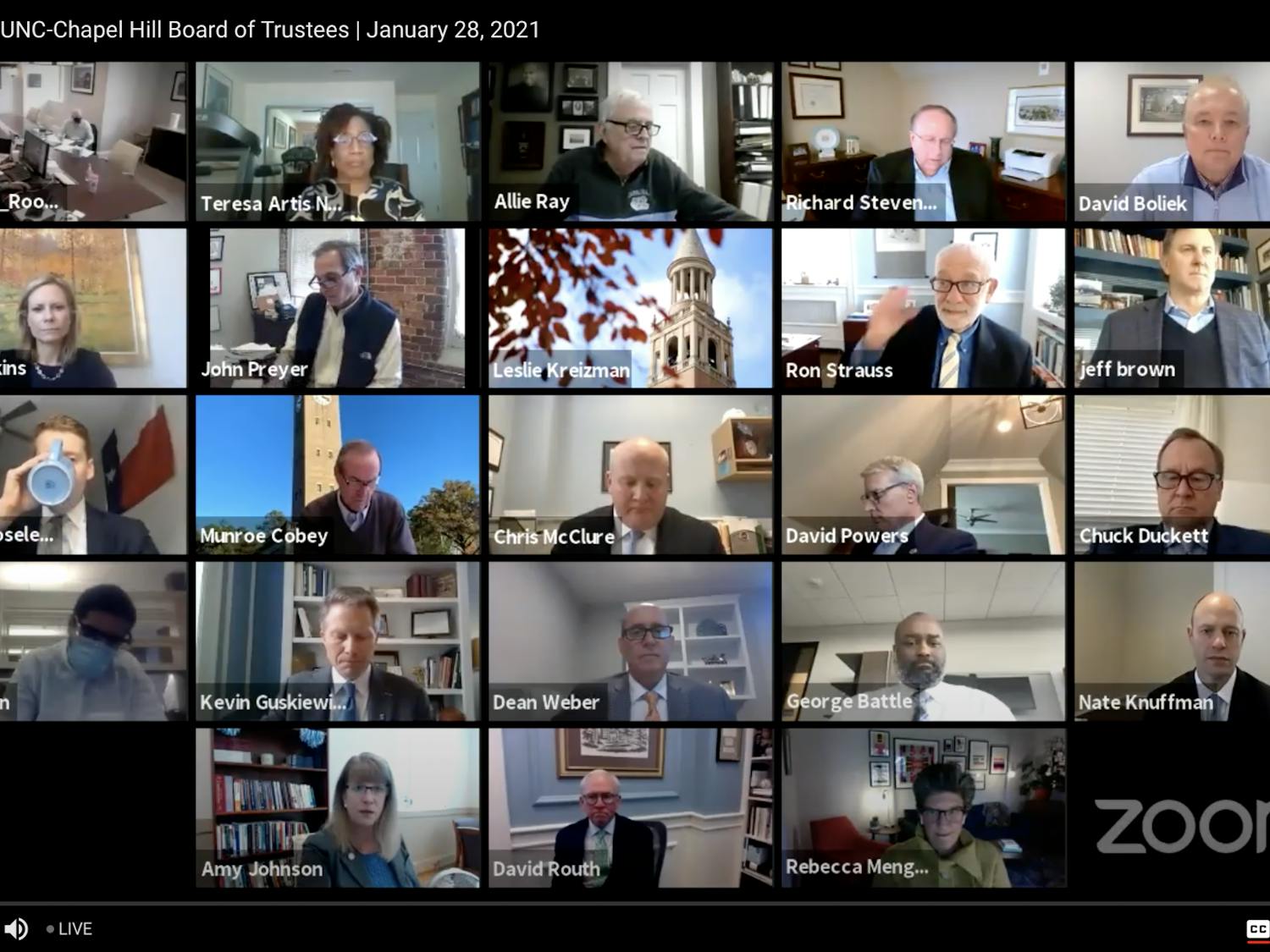 Screenshot of the Board of Trustees meeting held over Zoom on Thursday, Jan. 28, 2021.