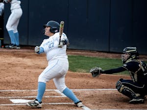 UNC senior third baseman Berlynne Delamora (27) looks in to the sky after hitting the ball during the 4-1 win over Georgia Tech on Friday, March 22, 2019 in Anderson Stadium in Chapel Hill, N.C. The Tar Heels improved their record to 6-1 in ACC play.