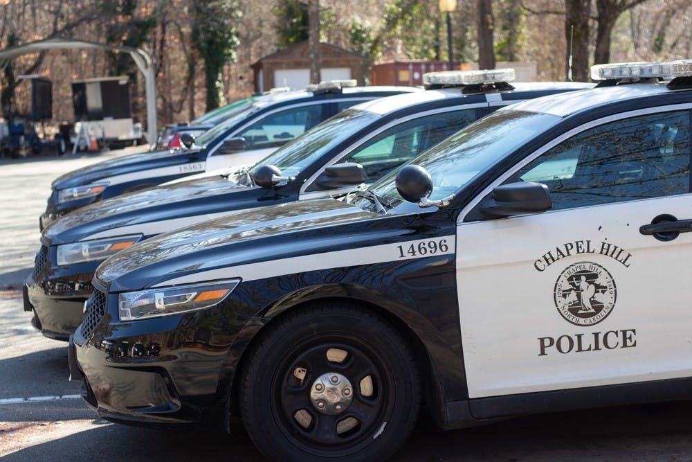 <p>Chapel Hill Police vehicles standby at the Chapel Hill Police Department on Tuesday, Jan. 28, 2020.&nbsp;</p>