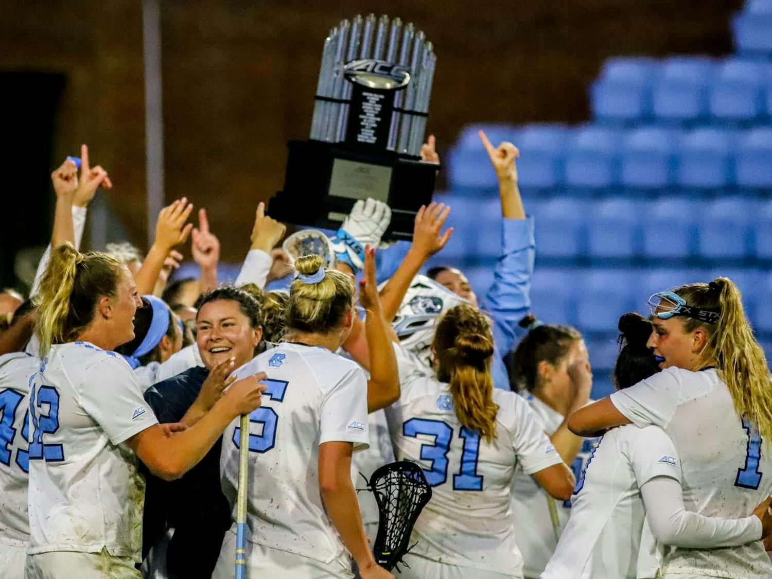 The UNC Women’s lacrosse team celebrates after winning the ACC Championship against Boston College on Saturday, May 7, 2022 in Chapel Hill, NC. The Tar Heels won 16-9.