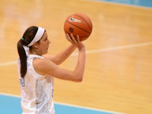 	Redshirt freshman Megan Buckland shoots a 3-pointer earlier this season. Buckland made all five of her 3-point attempts in UNC’s 79-58 win against Georgia Tech Sunday.