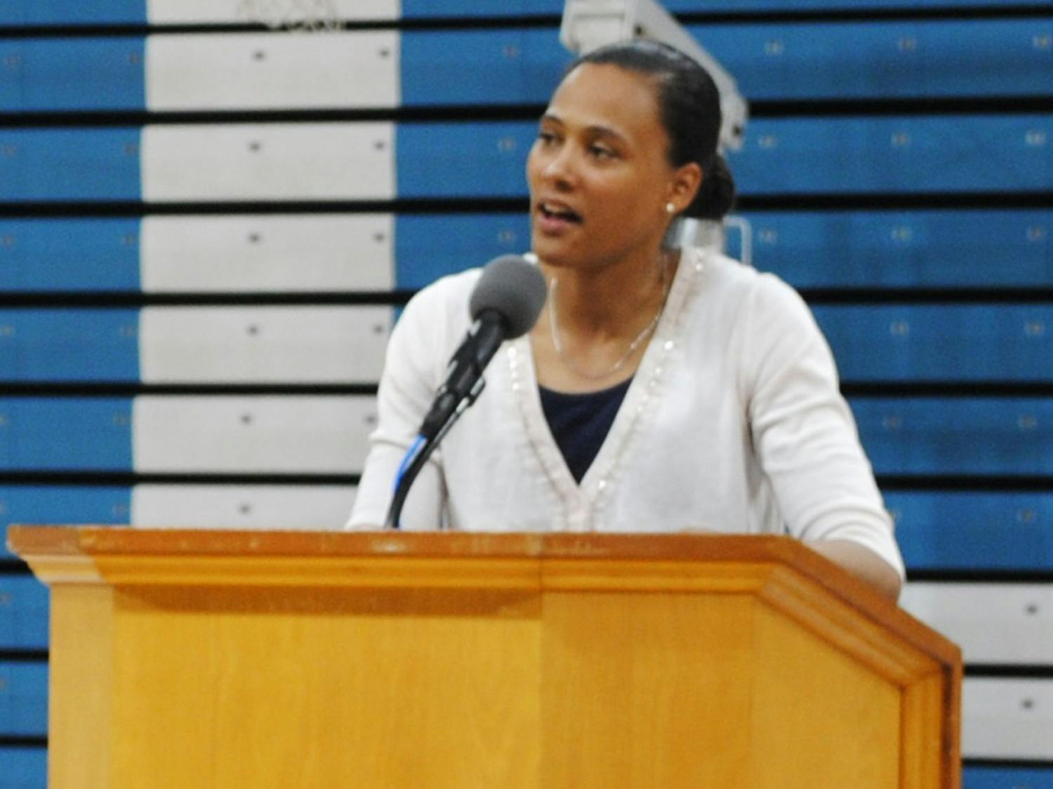 Famous disgraced ex-Olympic track runner Marion Jones came to UNC to speak to all varsity athletes about her experiences and to encourage them to make good choices.
