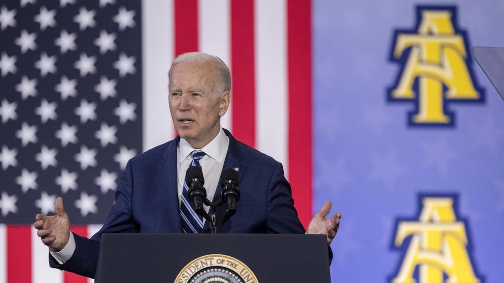 President Joe Biden speaks about the economy during a visit to North Carolina A&T State University in Greensboro Thursday, April 14, 2022. Photo courtesy of Travis Long/News & Observer.