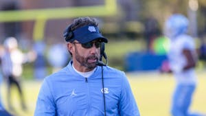 Head coach Larry Fedora looks on during UNC's 42-35 loss to Duke at Wallace Wade Stadium on Nov. 10, 2018.