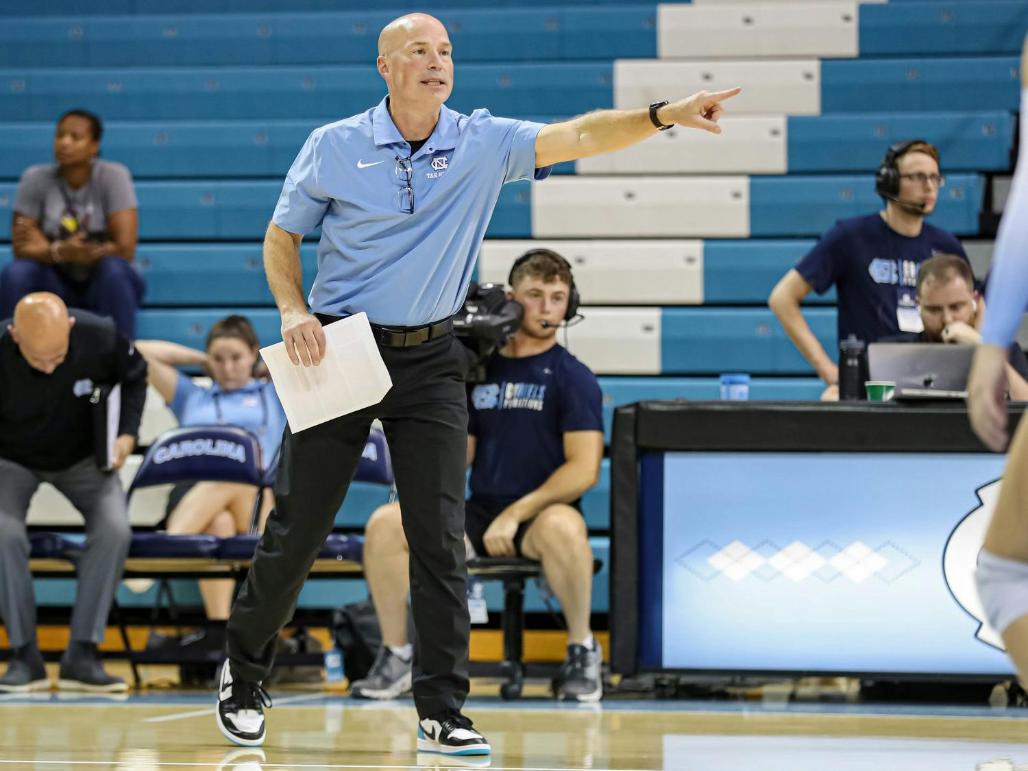 Mike Schall coaches from the sidelines of the UNC volleyball game against South Carolina in Carmichael Arena on Friday, Sept. 2, 2022. Schall was named the new head coach of the program on Wednesday, Feb. 15, 2023.
Photo Courtesy of Carolina Athletics.