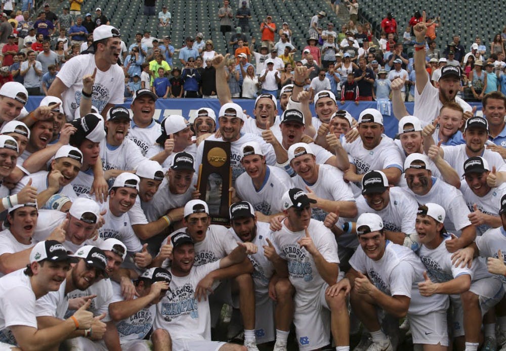 The unseeded North Carolina men's lacrosse team celebrates&nbsp;its defeat of No. 1 Maryland 14-13 in overtime to claim the program's first national championship since 1993 on May 30, 2016 at Lincoln Financial Field in Philadelphia.