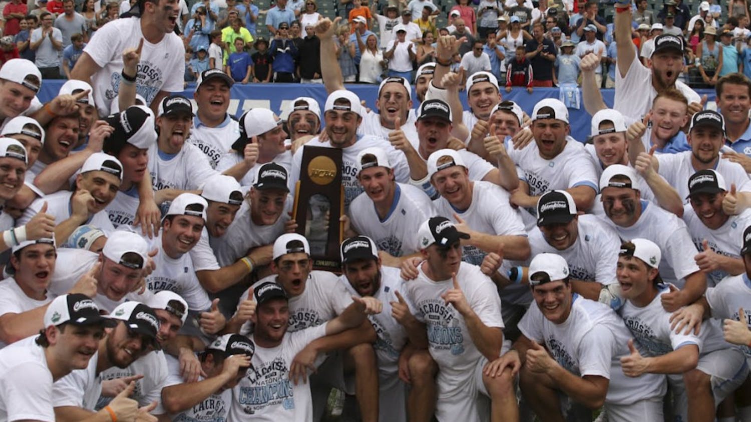 The unseeded North Carolina men's lacrosse team celebrates&nbsp;its defeat of No. 1 Maryland 14-13 in overtime to claim the program's first national championship since 1993 on May 30, 2016 at Lincoln Financial Field in Philadelphia.