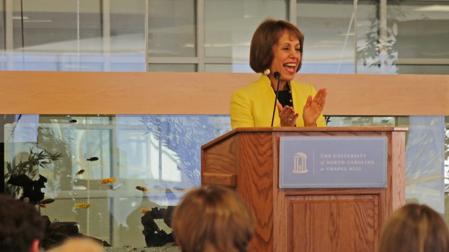 Chancellor Carol Folt delivers her State of the University address to the UNC Student Congress Tuesday evening in the Aquarium Lounge of the Student Union. She began her speech by addressing House Bill 2 and how she plans to respond on campus.