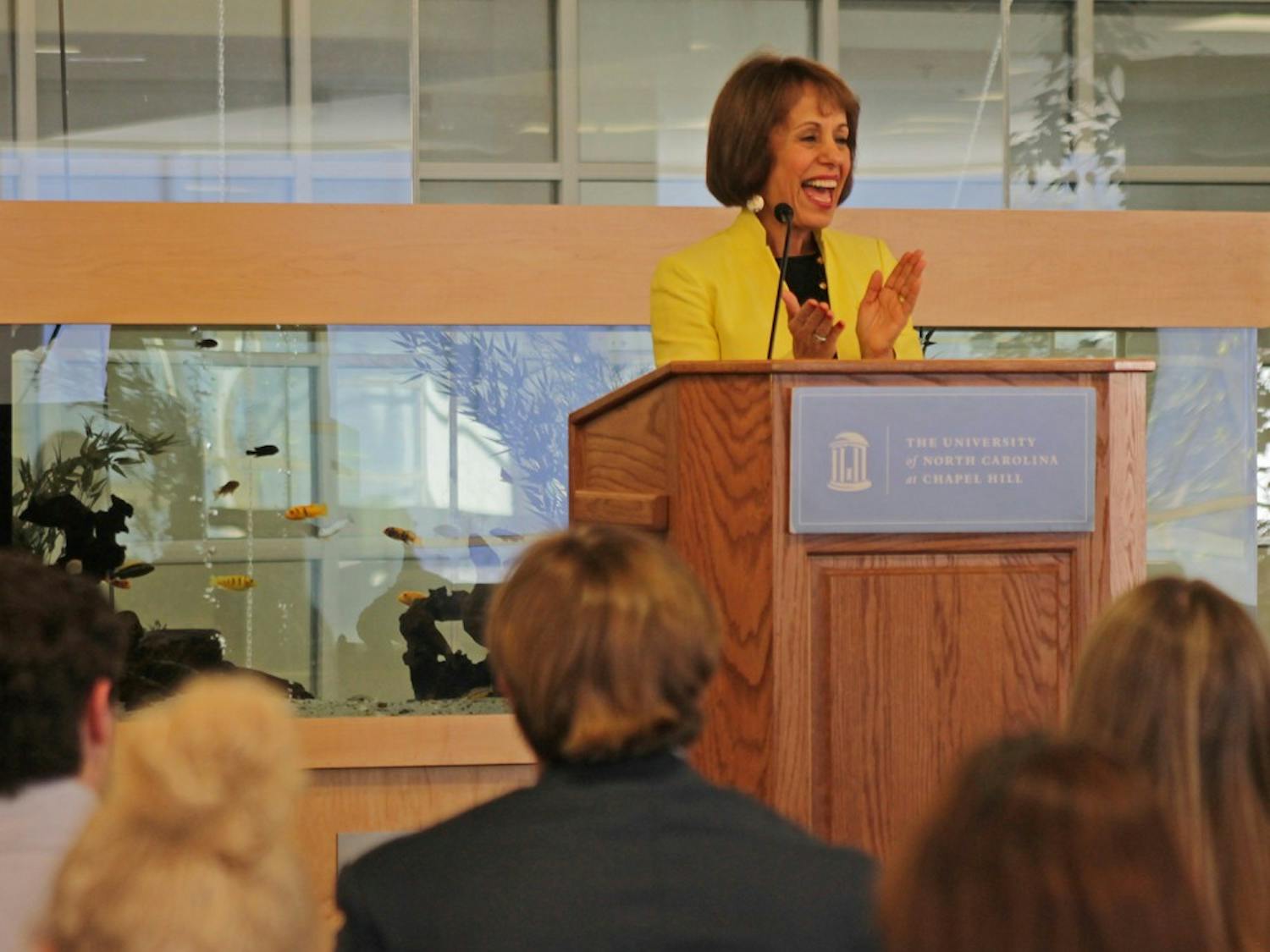 Chancellor Carol Folt delivers her State of the University address to the UNC Student Congress Tuesday evening in the Aquarium Lounge of the Student Union. She began her speech by addressing House Bill 2 and how she plans to respond on campus.