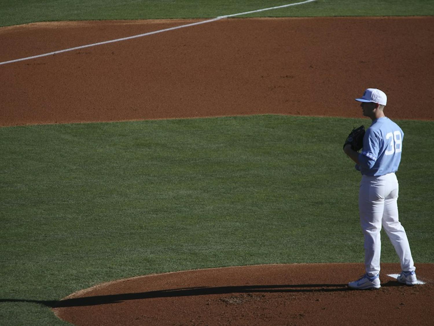 North Carolina pitcher J.B. Bukaukas&nbsp;(38) prepares to throw out the season&nbsp;opening pitch against Kentucky on February 17.