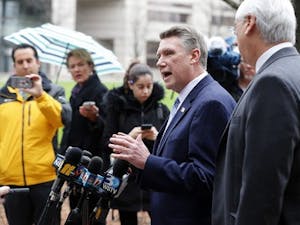 Republican Mark Harris, left, and his attorney David Freedman speak with the media after meeting with state election investigators on Thursday, Jan. 3, 2019 at the Dobbs Building in Raleigh, N.C. (Ethan Hyman/Raleigh News & Observer/TNS)