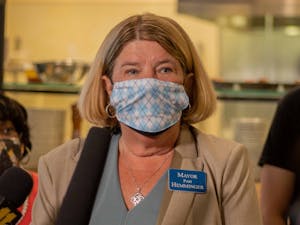 Chapel Hill Mayor Pam Hemminger speaks Thursday at Pizzeria Mercato in Carrboro, which recently implemented a vaccination requirement to dine there.