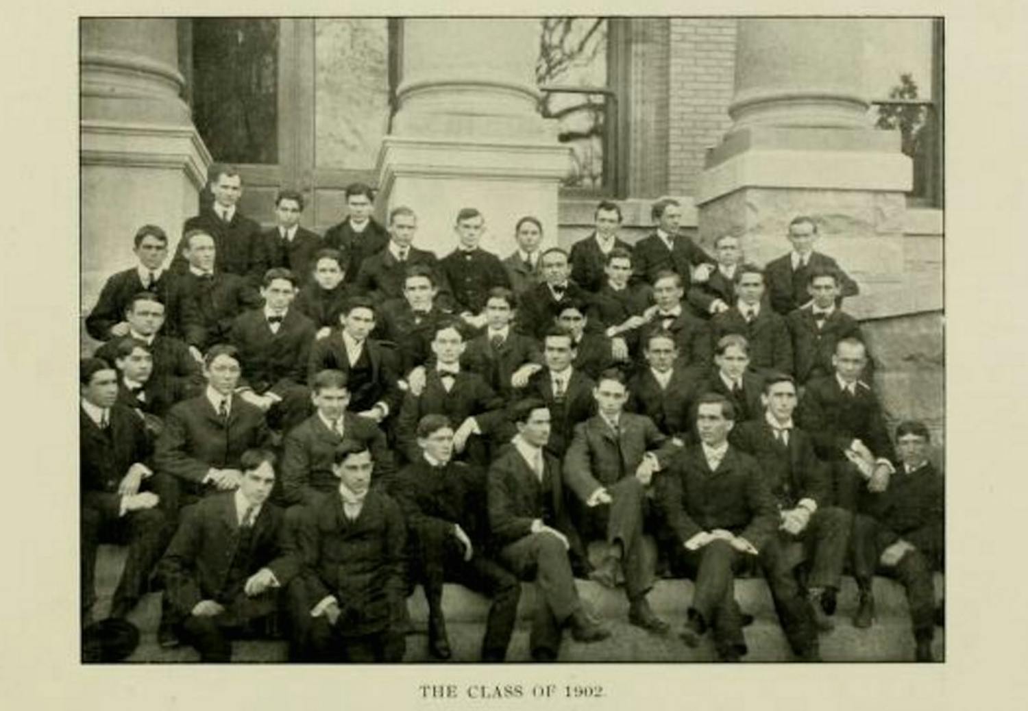 The Yackety Yack included photos to show the class of 1902. Women could enroll starting in 1897, but there are no women shown in this class photo.
