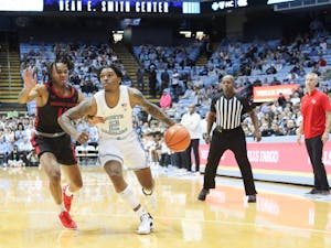 UNC junior guard Caleb Love (2) drives to the hoop during a home game against Gardner-Webb at the Dean Smith Center on Nov. 15, 2022.
