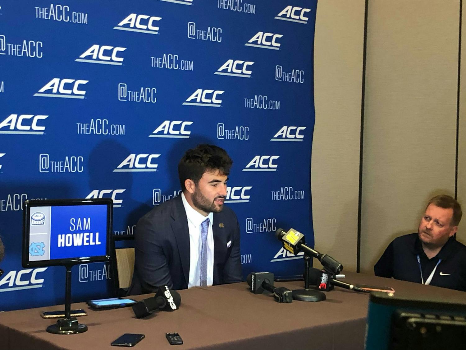 UNC junior quarterback Sam Howell speaks at the ACC Football Kickoff in Charlotte, NC on Wednesday July 21, 2021. 