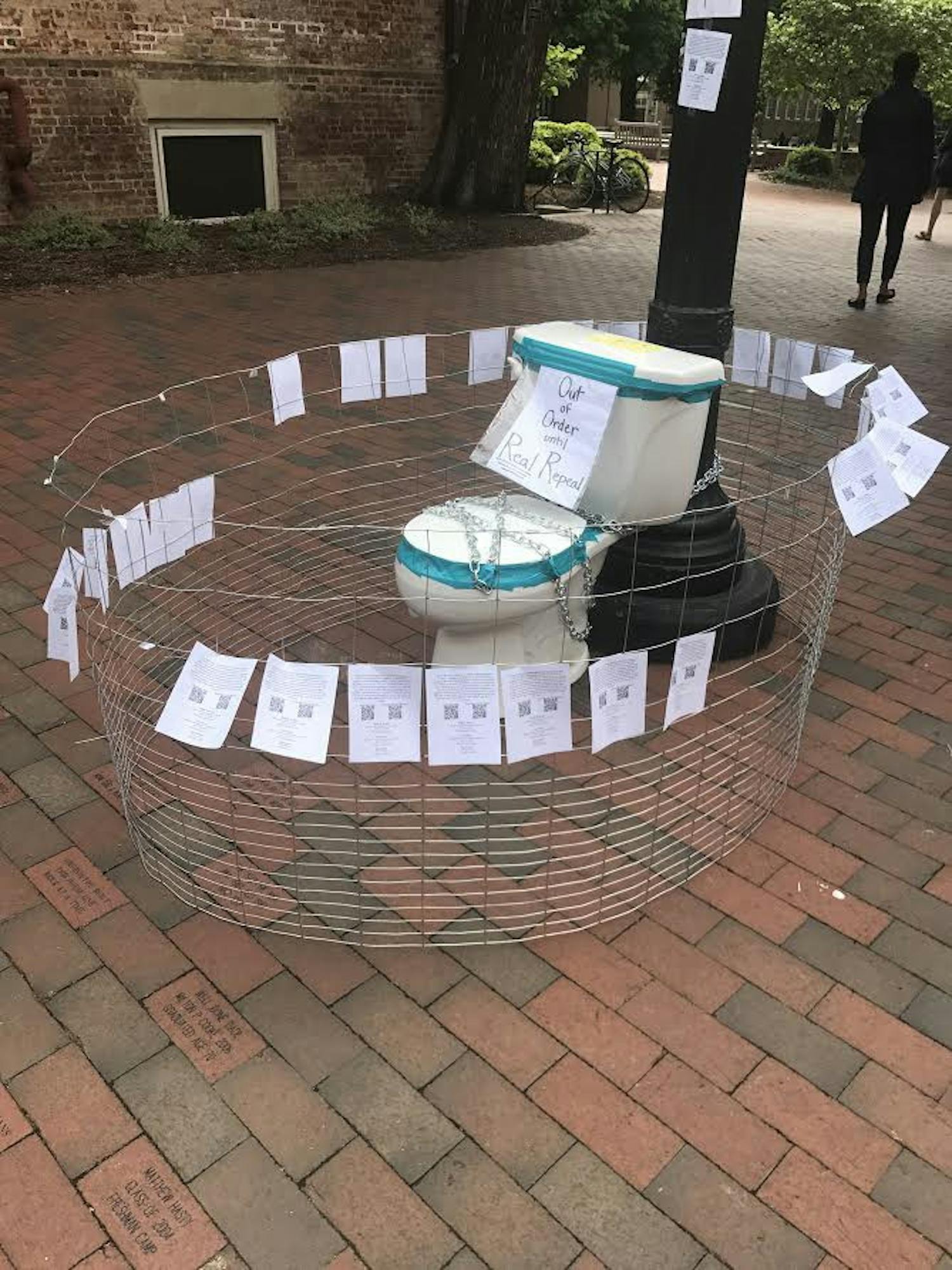 Senior Grace Thorpe's art piece "HBToilet" has disappeared from its place in front of the Campus Y.