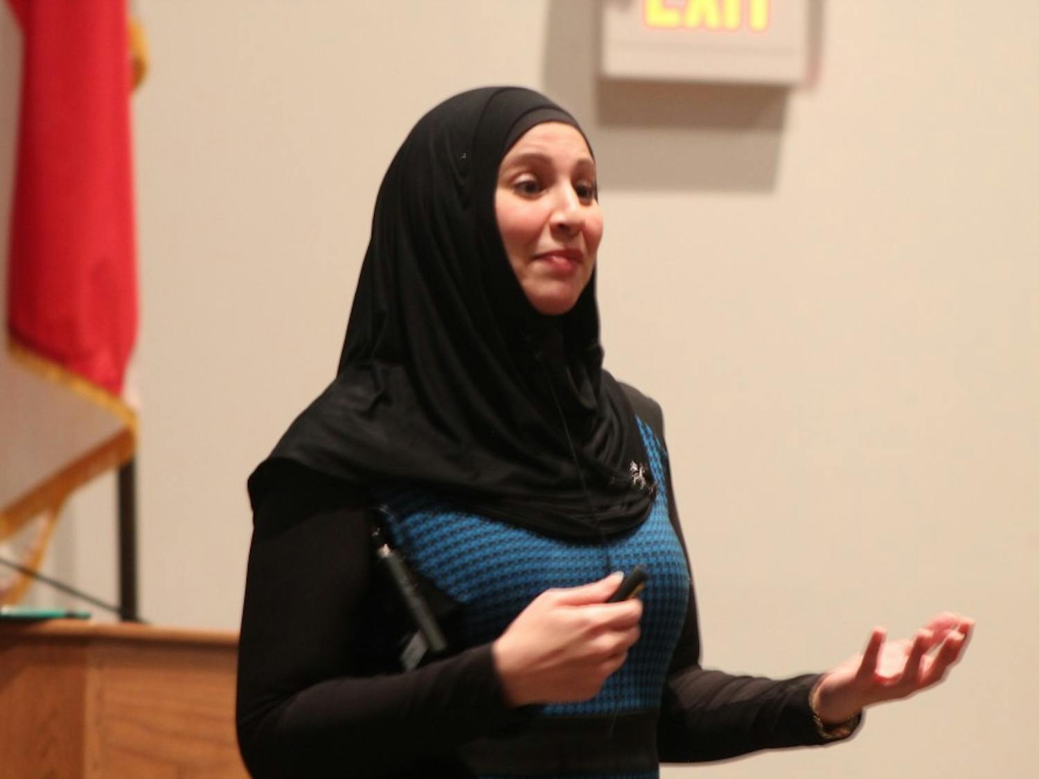Suehaila Amen speaks in the Student Union auditorium Thursday night.