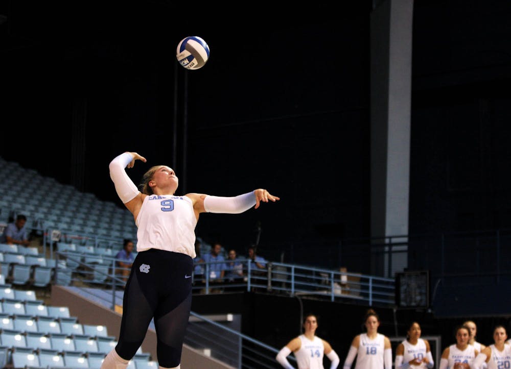 UNC outside hitter Mabrey Shaffmaster (9) serves the ball on Sept. 2, 2022.