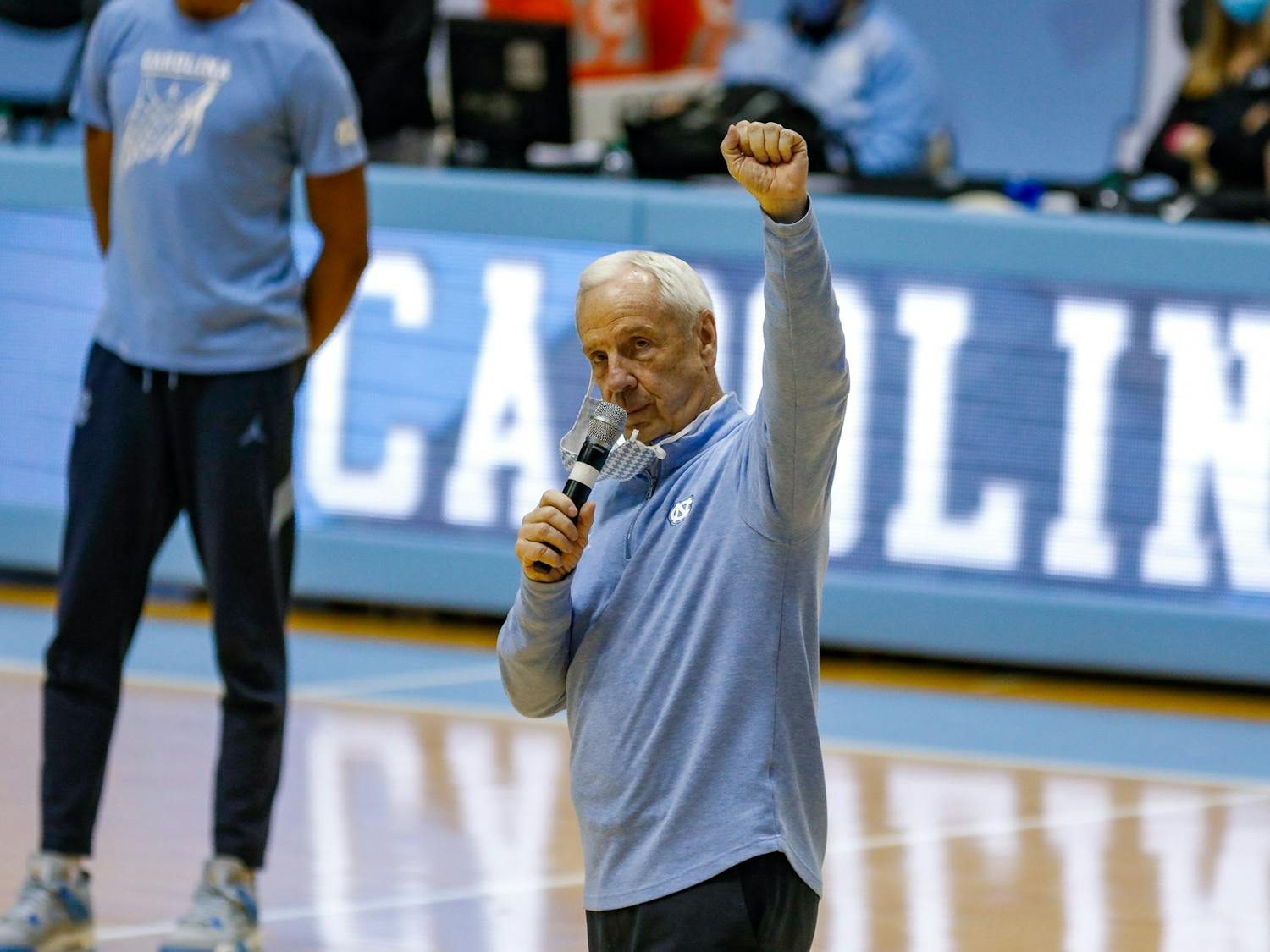 UNC head coach Roy Williams gives a speech on senior night in the Dean Dome on March 6, 2021. The Tar Heels beat the Blue Devils 91-73.