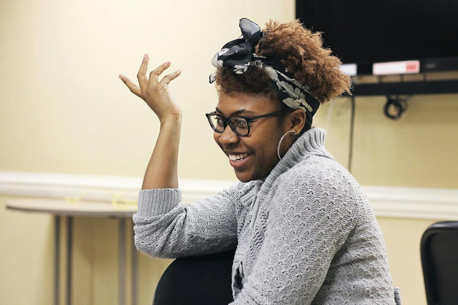 Cipryana Mack, a sophomore EXSS major, leads a discussion following a screening of the film "Dear White People" hosted by the UNC Black Student Movement at Ram Village on Friday.