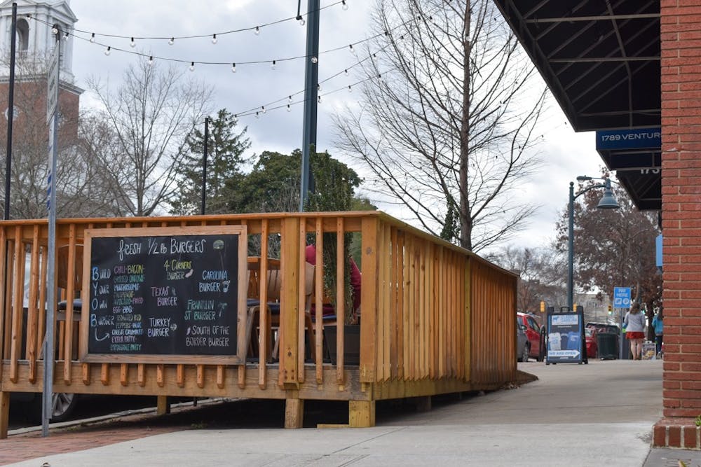 Outdoor seating has been reduced outside of Four Corners on Franklin Street, as shown on Sunday, Jan. 9, 2022. 