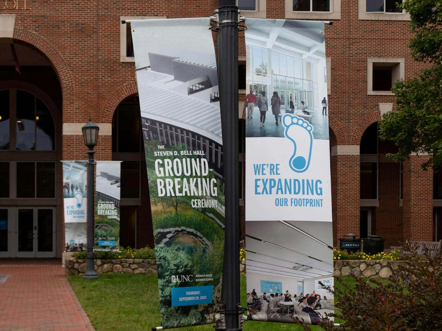 Banners promoting the Steven D. Bell Hall Groundbreaking Ceremony pictured outside of UNC Kenan-Flagler Business School on Monday, Oct. 3, 2022.