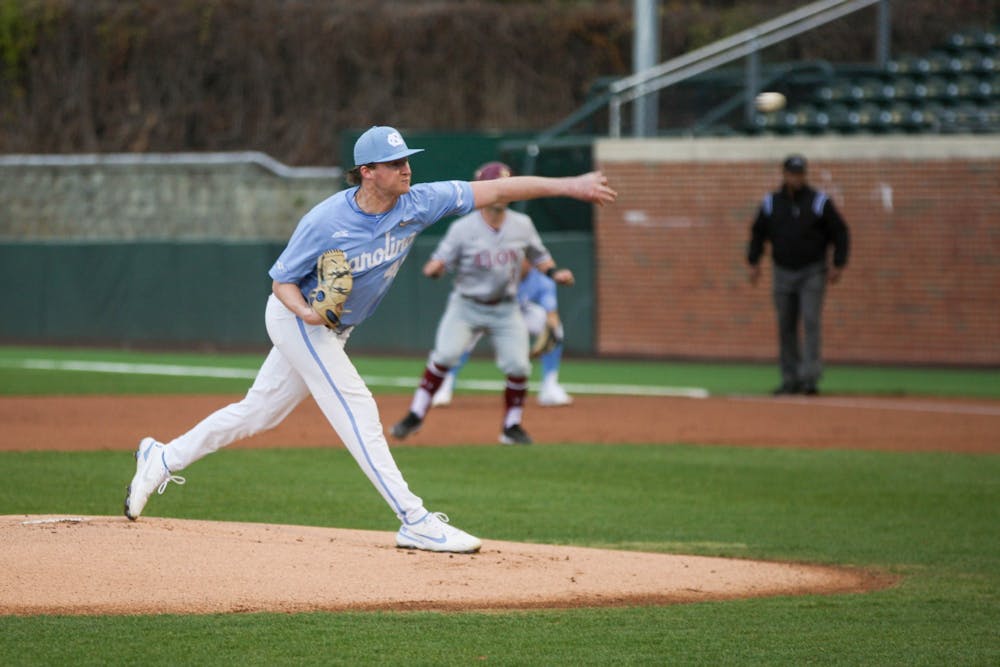 UNC sophomore pitcher Will Sandy (41) throws a pitch during the baseball game against Elon on Tuesday, Feb. 22, 2022, at Boshamer Stadium. UNC won 5-1.