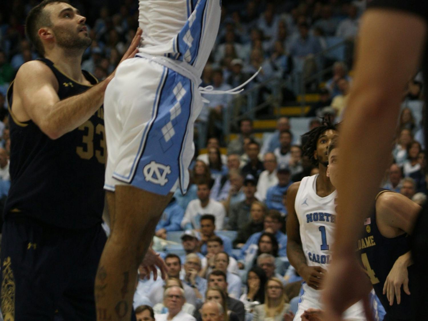 UNC forward Garrison Brooks (15) dunks during the Notre Dame on Wednesday, Nov. 6, 2019 in the Dean E. Smith Center. The Tar Heels beat the Fighting Irish 76-65.
