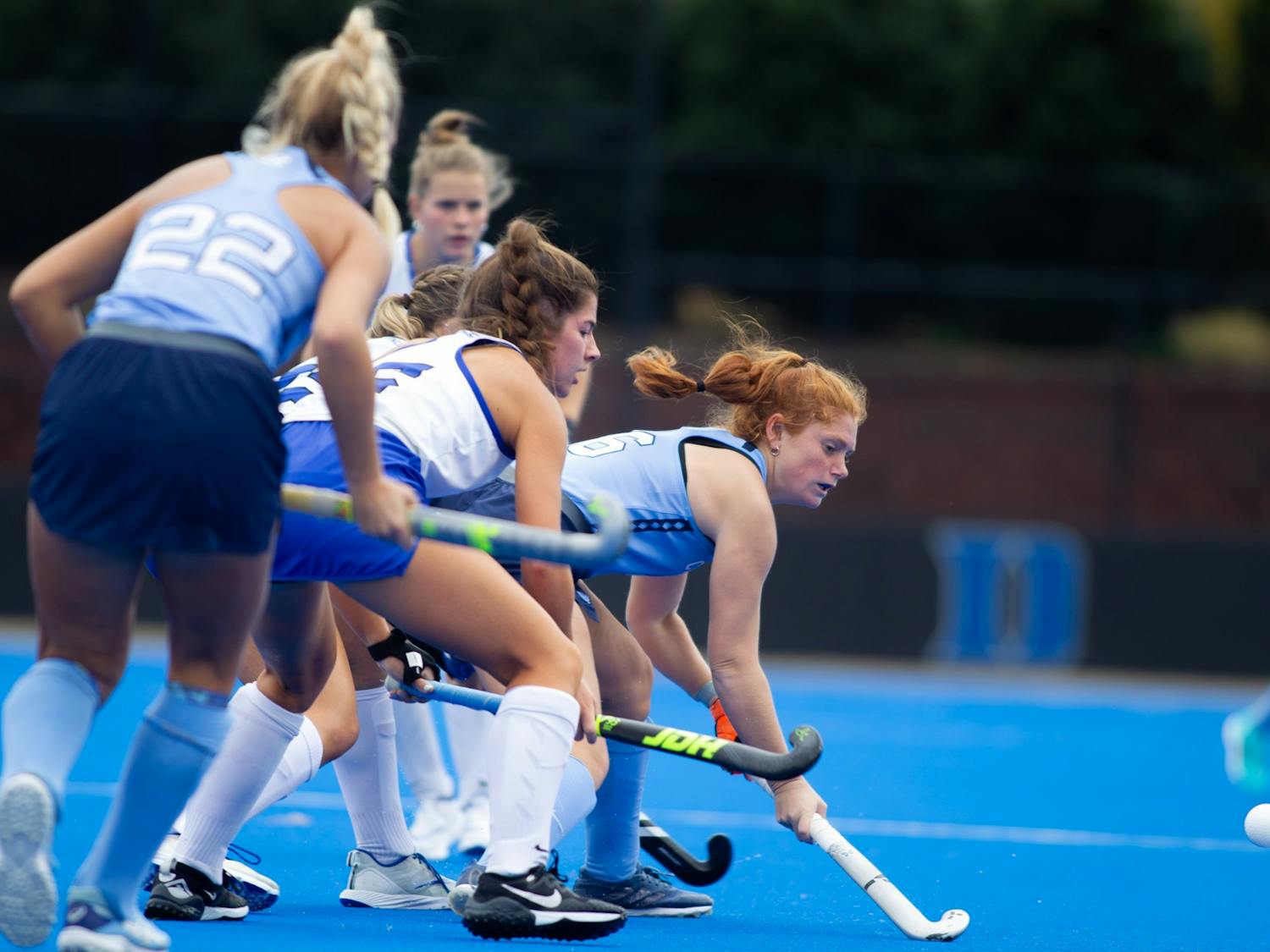 UNC sophomore back Kelly Smith (6) attempts to keep the ball in play during a field hockey game against Duke on Saturday, Oct. 29, 2022, at Jack Katz Stadium in Durham, N.C.
