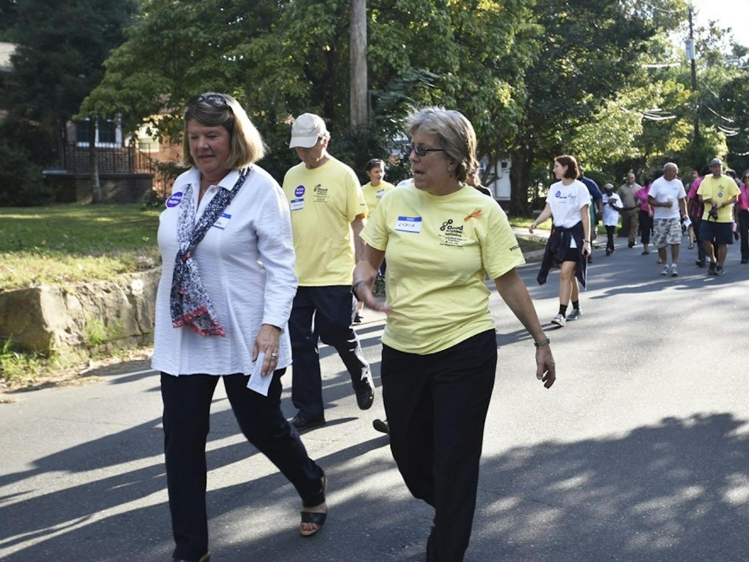 Mayor of Chapel Hill, Pam Hemminger and Mayor of Carrboro, Lydia Lavelle lead a walk around the neighborhood at the good neighbor block party at Hargraves Community Center in Aug. 2016.

