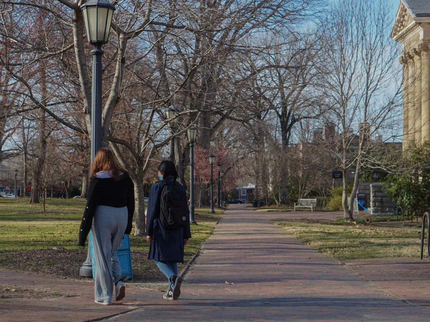 UNC students walk on an empty campus on March 5, 2021. Students recount their initial reactions to the country shutting down due to the COVID-19 outbreak in 2020.